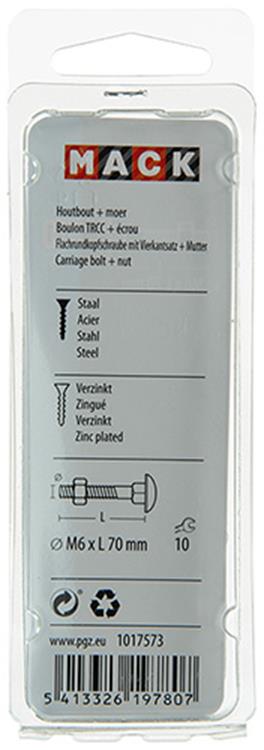 Mack 1017573 – Holzschraube + Mutter aus verzinktem Stahl, 5 Stück, M6 x 70 mm | 5 Stück
