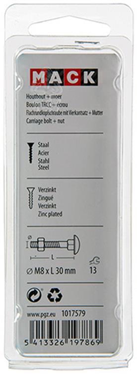 Mack 1017579 – Holzschraube + Mutter aus verzinktem Stahl, 6 Stück, M8 x 30 mm | 5 Stück