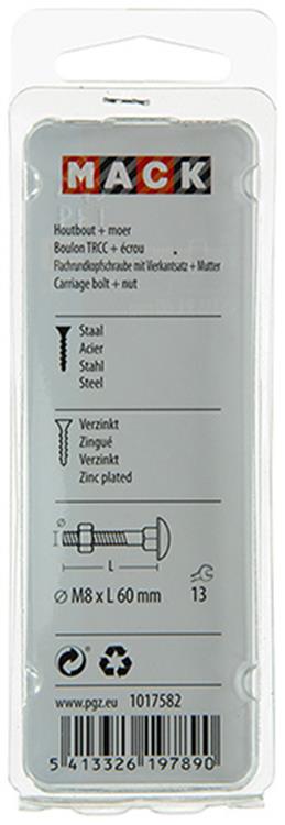 Mack 1017582 – Holzschraube + Mutter aus verzinktem Stahl, 4 Stück, M8 x 60 mm | 5 Stück