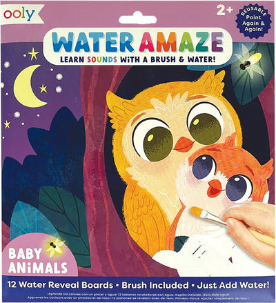 Ooly – Water Amaze Water Reveal Boards – Tierbabys – Malen mit Wasser – 12 verschiedene Bilder – versteckte Bilder werden mit Wasser enthüllt – inklusive Pinsel – die Bilder verschwinden nach dem Trocknen – geeignet ab 2 Jahren