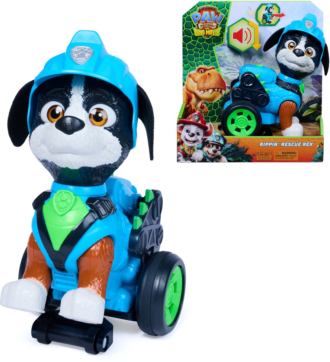 Paw Patrol – Der Dino-Film – Rippin Rescue Rex, 20,3 cm große Rückzugs-Actionfigur mit Sound und aktivierten Stunts