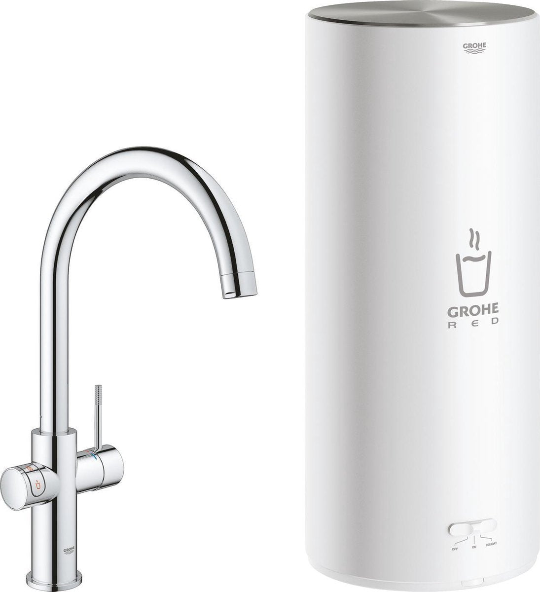Grohe roter 3-in-1-Kochwasserhahn – C-Auslauf – 7-Liter-Boiler – mit Mischventil – Chrom