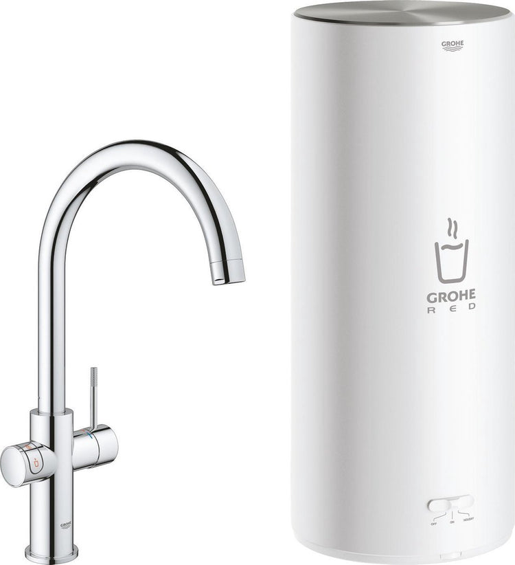 Grohe roter 3-in-1-Kochwasserhahn – C-Auslauf – 7-Liter-Boiler – mit Mischventil – Chrom