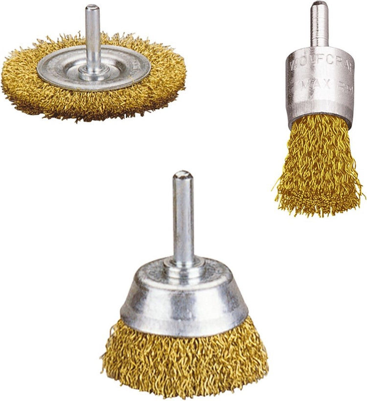 Wolfcraft - Messingdrahtbürsten-Set für Bohrmaschine - Stahlbürste - Topfbürste - 3 Teile - 2739000