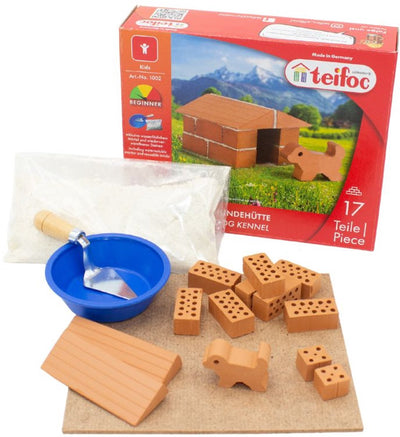 Teifoc® Baukasten – Hundehütten-Bauset – 17 Teile – echte Mini-Steine mit Zement, Schüssel und Kelle – Bausatz für Kinder ab 6 Jahren