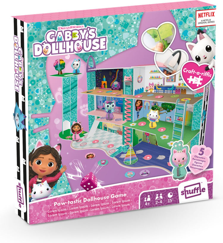 Shuffle® Gabby's Dollhouse: katzenartiges Puppenhausspiel – Aus der Schachtel ein Spielbrett basteln – Gabby's Dollhouse Brettspiel mit Bausteinen
