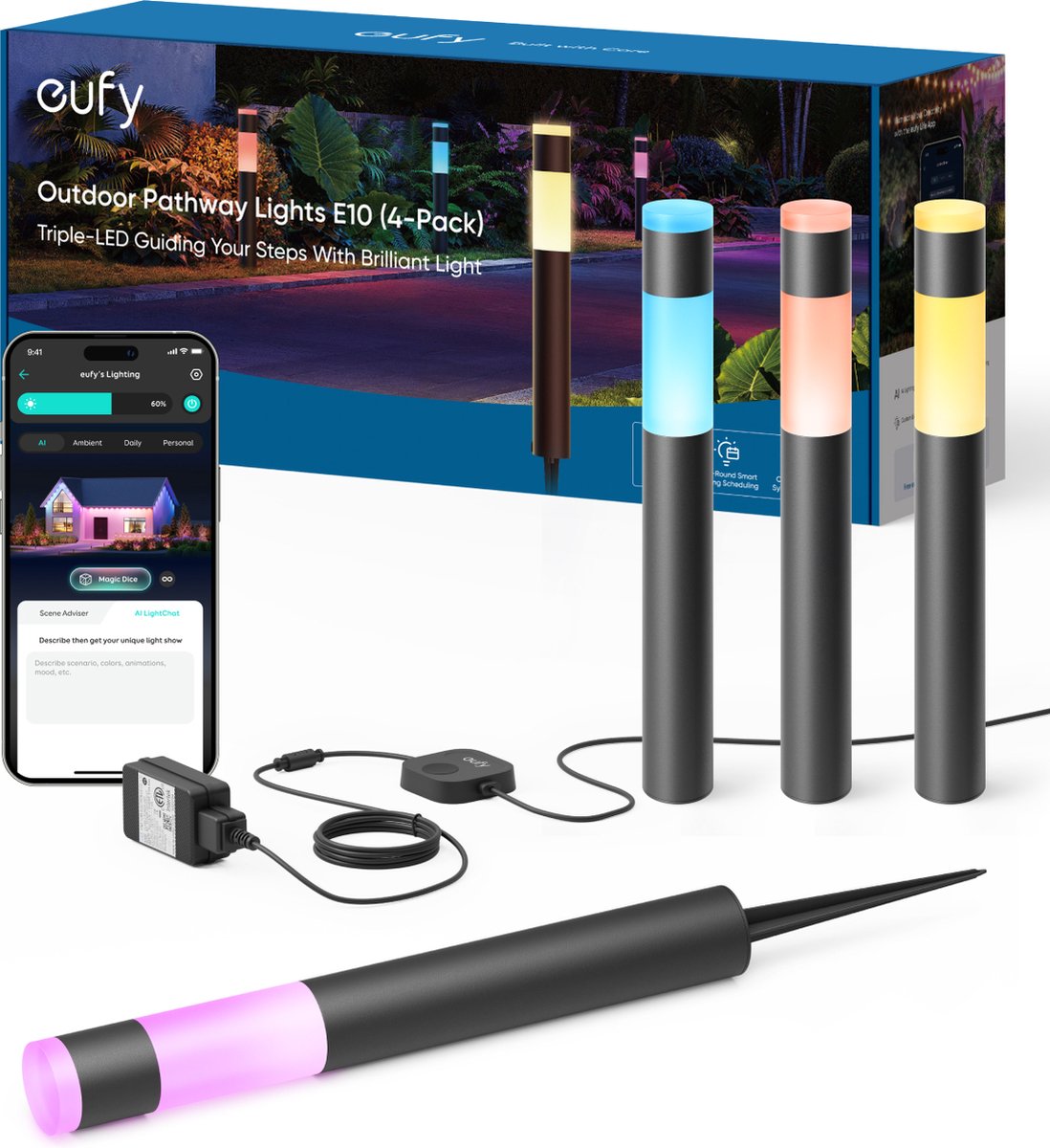 Eufy Außenbeleuchtung Gartenwegbeleuchtung E10 4er-Pack – Wegeleuchte – Intelligente Außenbeleuchtung mit RGBWW-LEDs – 350 Lumen Helligkeit – IP65 wasserdicht – kompatibel mit Alexa und Google Assistant