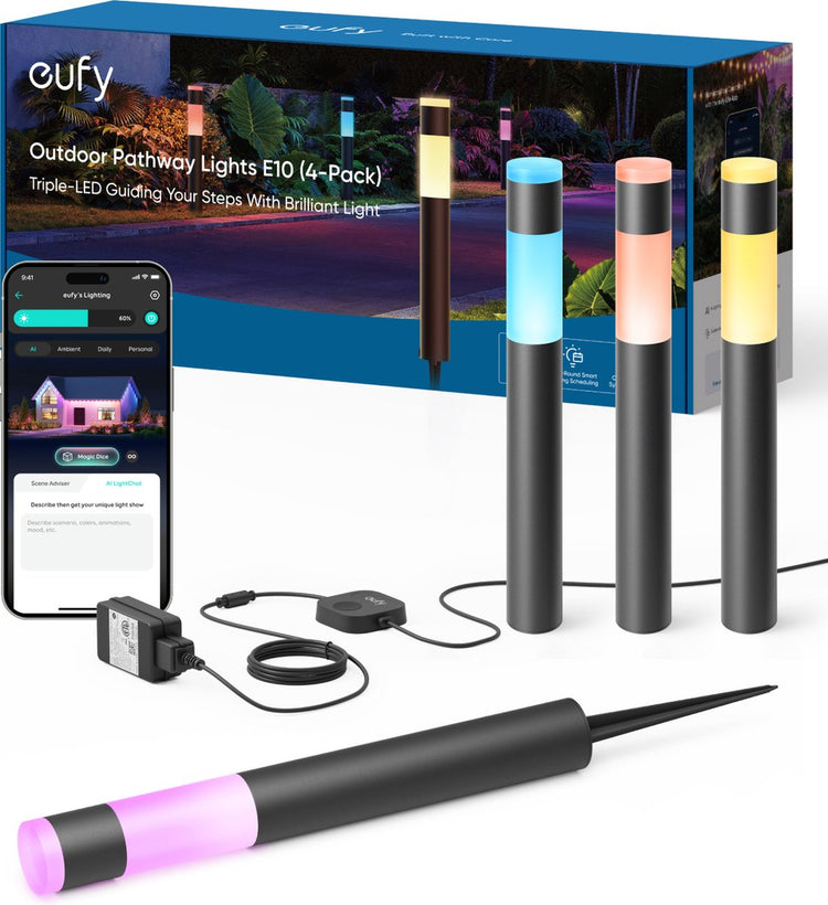Eufy Außenbeleuchtung Gartenwegbeleuchtung E10 4er-Pack – Wegeleuchte – Intelligente Außenbeleuchtung mit RGBWW-LEDs – 350 Lumen Helligkeit – IP65 wasserdicht – kompatibel mit Alexa und Google Assistant