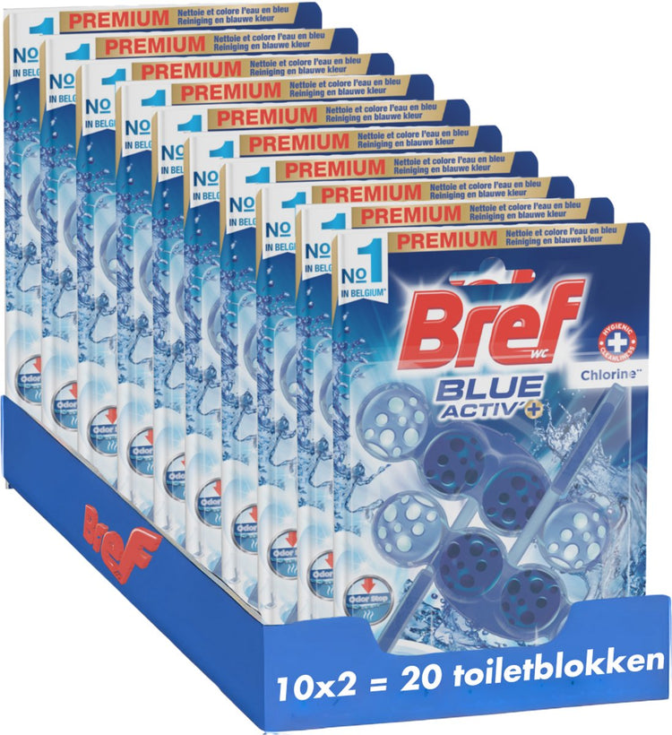 Bref - Blue Activ - Chlor - Toilettenblock - langanhaltende Frische - Hygiene - Geruchsstopp-Technologie - Vorteilspack - 10x 2 Stück