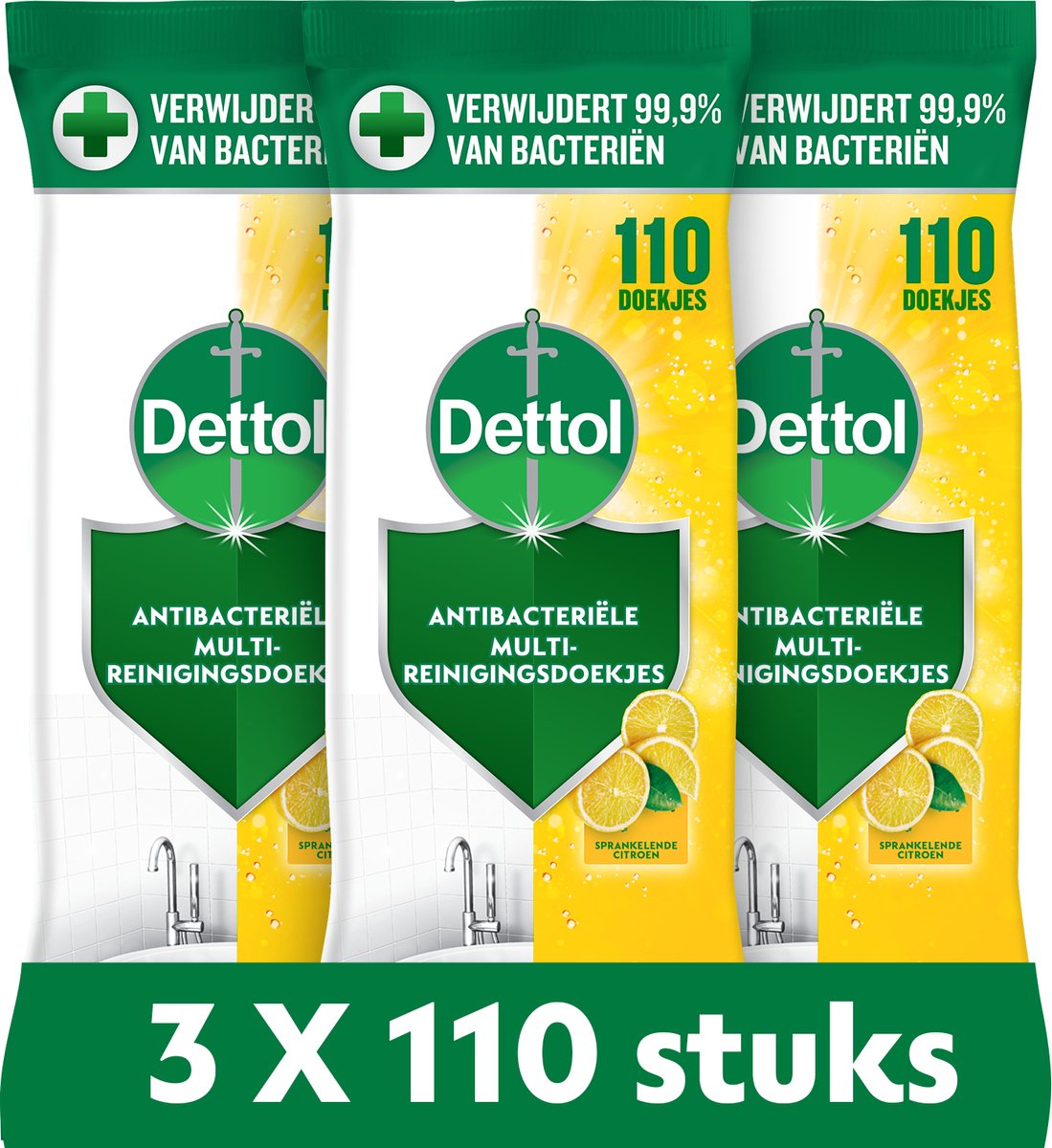 Antibakterielle Reinigungstücher von Dettol – Sparkling Lemon – 110 x 3 Stück – Vorteilspack