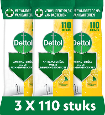 Antibakterielle Reinigungstücher von Dettol – Sparkling Lemon – 110 x 3 Stück – Vorteilspack