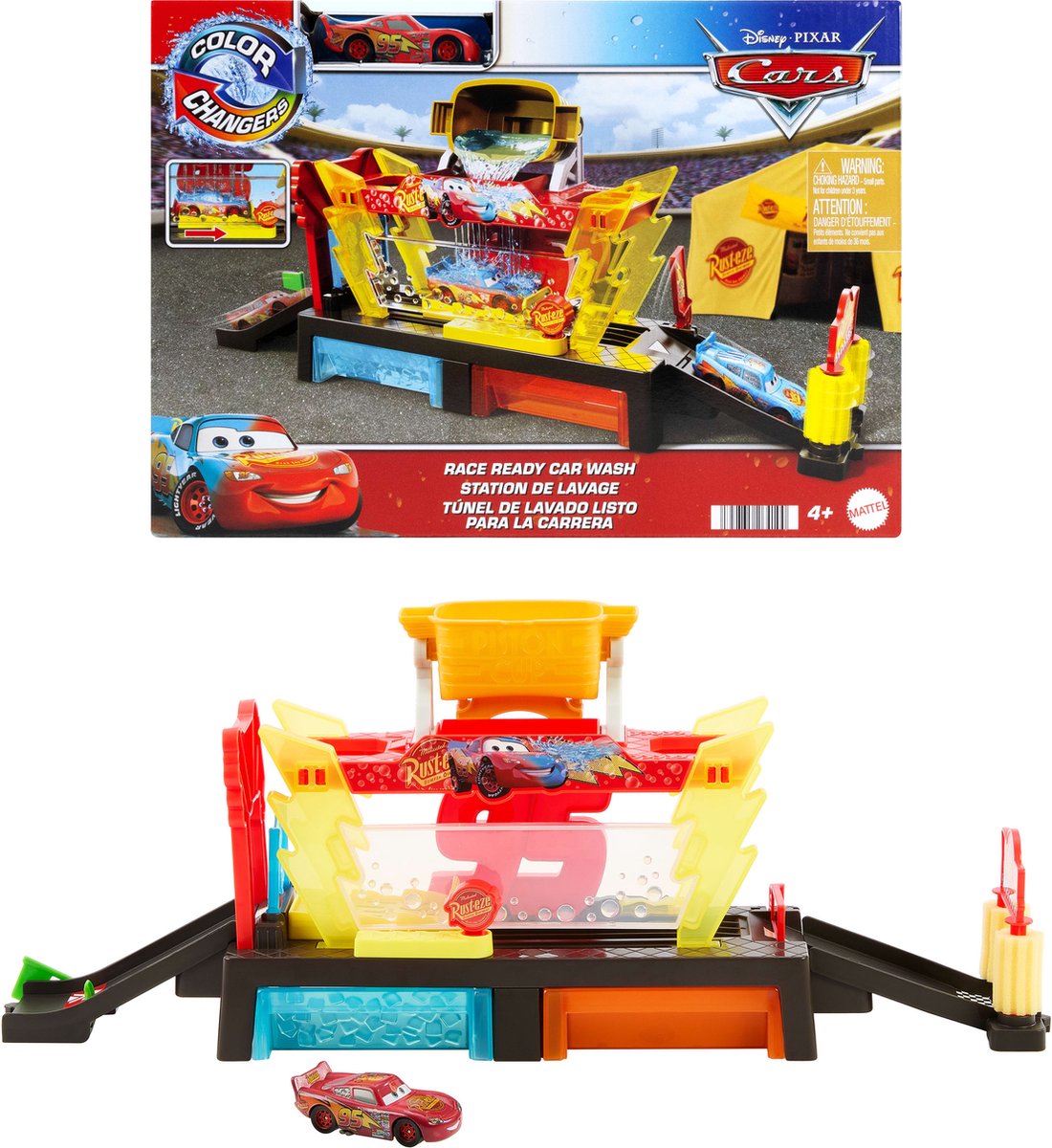 Mattel Disney- und Pixar-Cars-Autowaschanlage, bereit für das Rennen – Spielset mit Farbwechsel
