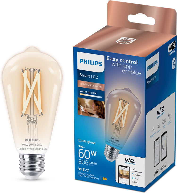 Intelligente Philips Beleuchtung – Edison-Filament – intelligente LED-Beleuchtung – warmes bis kühles weißes Licht – E27 – 60 W – transparent – WLAN