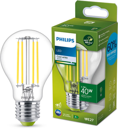 Philips LED Ultraeffiziente LED-Lampe von Philips – transparent – 40 W – E27-Fassung – kaltweißes Licht: 4000 K – sparen Sie Energiekosten