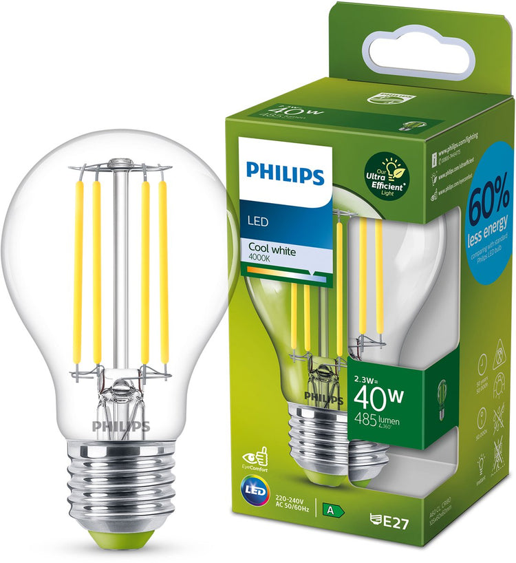Philips LED Ultraeffiziente LED-Lampe von Philips – transparent – 40 W – E27-Fassung – kaltweißes Licht: 4000 K – sparen Sie Energiekosten