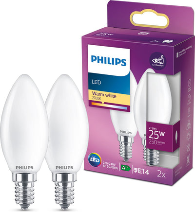 Philips LED-Lampe – Kerzenlampe mit E14-Fassung – warmweißes Licht: 2700 K – 25 W – Milchglas – 2er-Pack