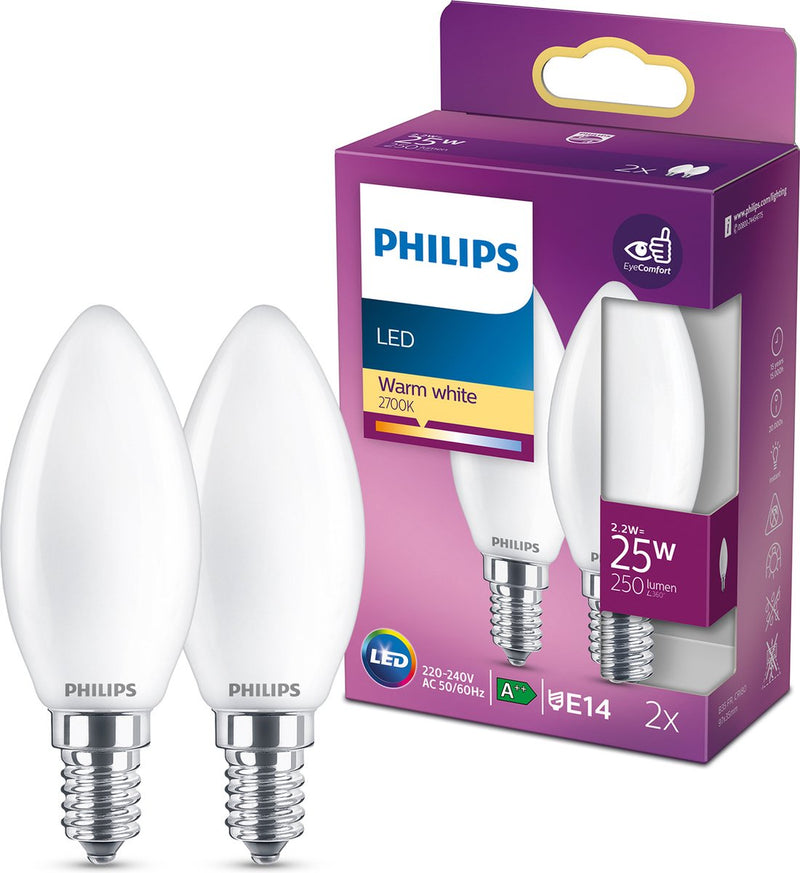 Philips LED-Lampe – Kerzenlampe mit E14-Fassung – warmweißes Licht: 2700 K – 25 W – Milchglas – 2er-Pack