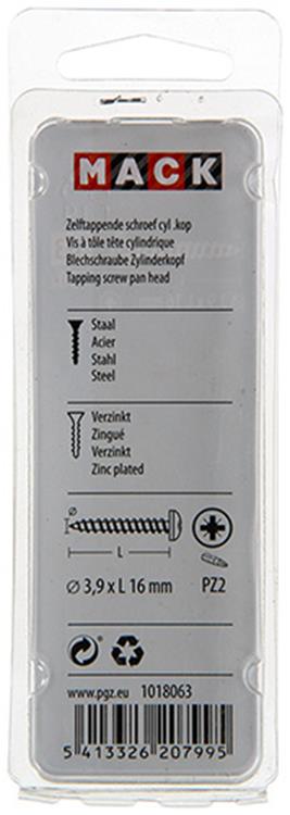 Mack 1018063 – selbstschneidende Schraube mit Zylinderkopf, verzinkt. 60 Stück 3,9 x 16 mm | 5 Stück