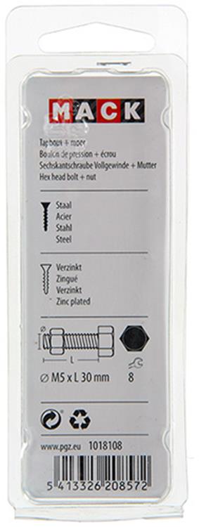 Mack 1018108 – Hahnschraube + Mutter aus verzinktem Stahl, 30 Stück, M5 x 30 mm | 5 Stück