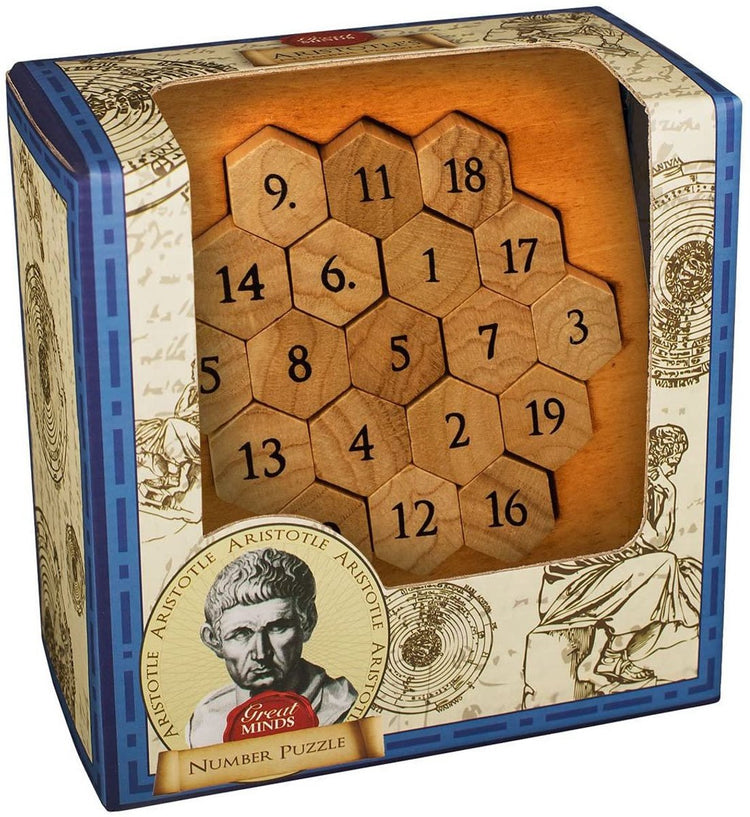 Professor-Puzzle aus Holz, Denkaufgabe, Aristoteles-Zahlenrätsel, pädagogisch.