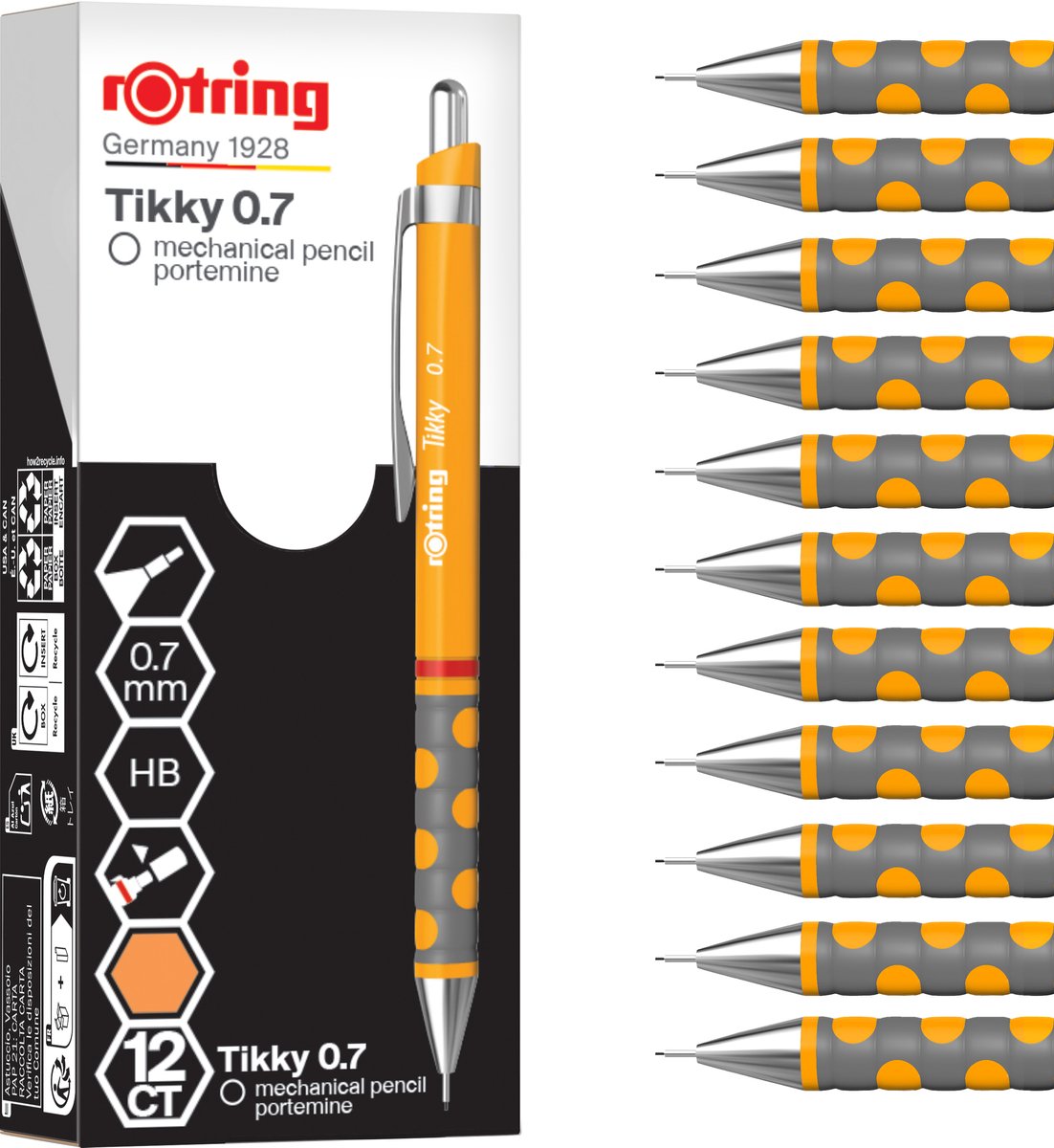 Rotring Tikky Druckbleistift | hb 0,7 mm | Ringelblumenhülle (orange) | leicht mit Gummigriff | 12 Stück