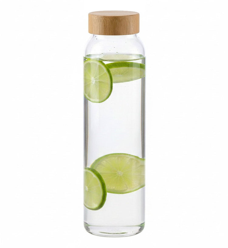 Alpina Glas Wasserflasche Trinkflasche Sportflasche - klar transparent - mit Bambusverschluss - 1000 ml