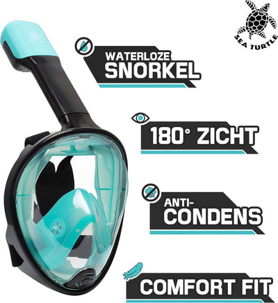 Schnorchelmaske Meeresschildkröte - Schnorchel - Taucherbrille - Schnorchelset - Vollgesichtsmaske - Erwachsene - Schwarz Türkis - L XL