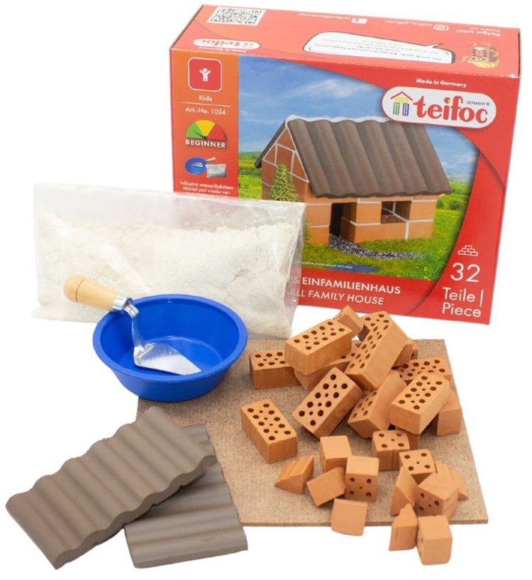 Teifoc® Baukasten – kleines Hausbauset – 35 Teile – echte Mini-Steine mit Zement, Schüssel und Kelle – Bausatz für Kinder ab 6 Jahren