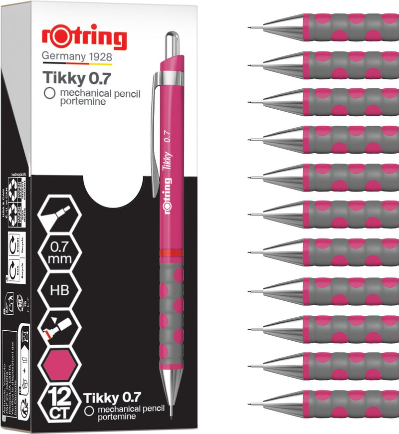 Rotring Tikky Druckbleistift | hb, 0,7 mm | magentafarbene Hülle (rosa) | leicht mit Gummigriff | 12 Stück