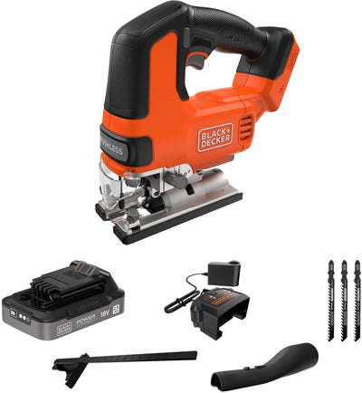 Black+decker bürstenlose 18-V-Stichsäge mit 3 Sägeblättern (mit 2,5-Ah-Akku und Ladegerät) – blcjs78e1-qw