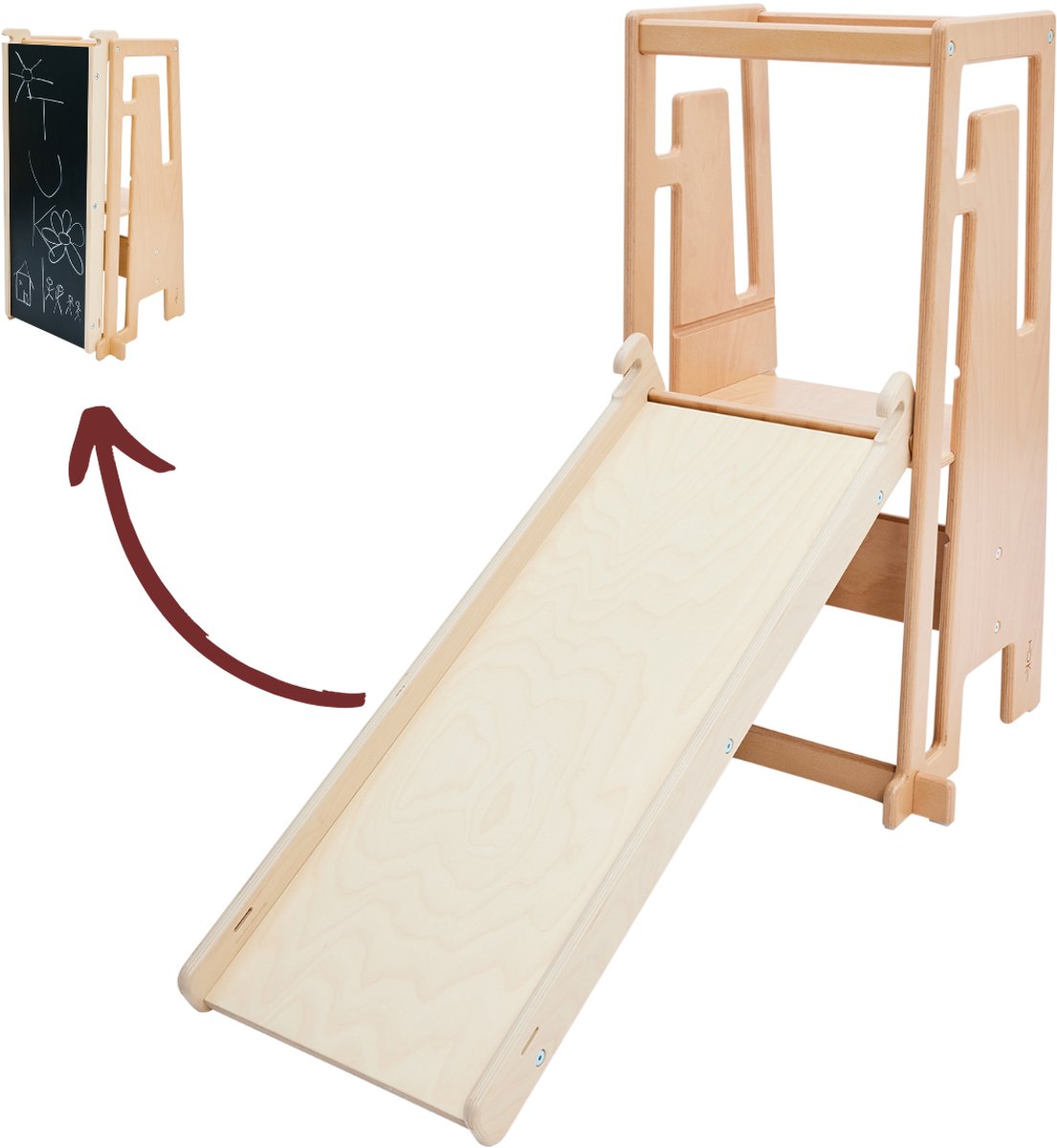 Tuki® Rutsche mit Zeichenbrett - Lernturm - Montessori Lernturm - Lernturm Küchenhelfer - Lernturm - Lernturm Zubehör - Kindertreppe - Natur