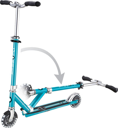 Globber Kinderroller - Flow - Blue Chrome - leuchtende Räder - faltbar - ab 5 Jahren