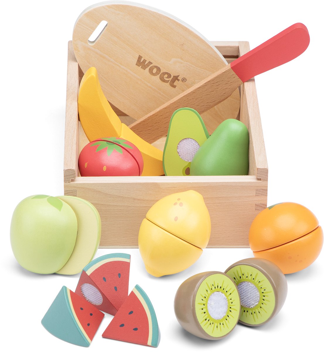 Woet® Holzschneideset Obst in Aufbewahrungsbox – Spielset mit Schneidebrett, Apfel, Banane, Zitrone, Erdbeere – Lernspielzeug Essen – Rollenspiel-Küchenspielzeug – ab 2 Jahren