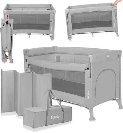 Lionelo Ellen Reisebett 3 in 1 – Beistellbett, Baby-/Kleinkindbett – Beistellbett – – Campingbett – 2 Matratzenpositionen – klappbar – Rollen mit Bremse – inklusive Tragetasche – bis 15 kg