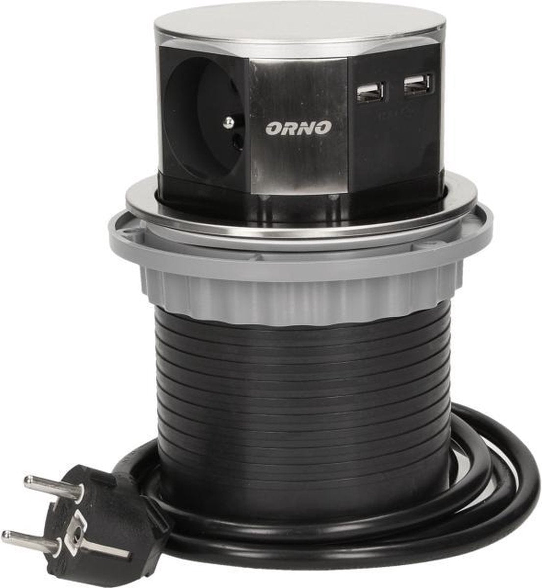 Orno Pop-Up-Steckdosenleiste – 3-fach Steckdosenleiste – Steckdosenleiste mit zwei USB-A-Ladepunkten – Edelstahl