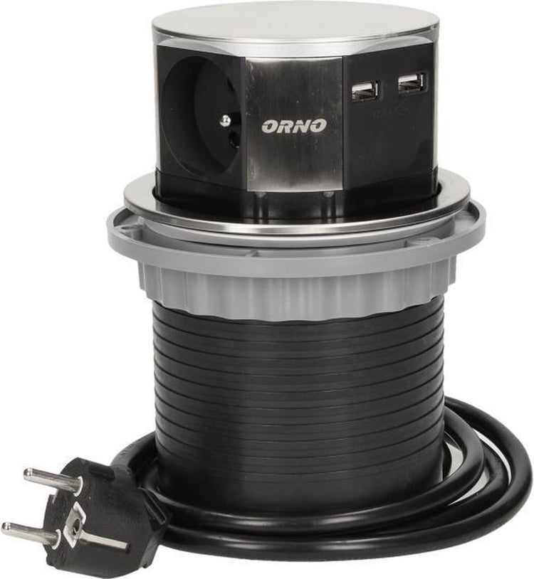Orno Pop-Up-Steckdosenleiste – 3-fach Steckdosenleiste – Steckdosenleiste mit zwei USB-A-Ladepunkten – Edelstahl