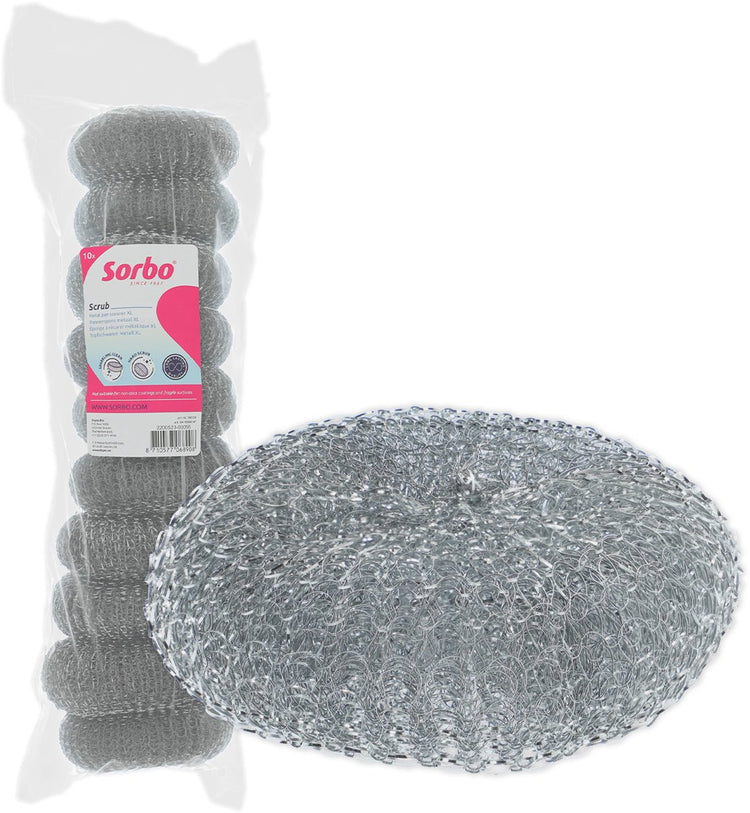 Sorbo – Metall-Scheuerschwamm – Set mit 10 Stück – extra starke Edelstahl-Scheuerschwämme 40 Gramm – entfernt hartnäckigen Schmutz von Pfannen, Backofengrill