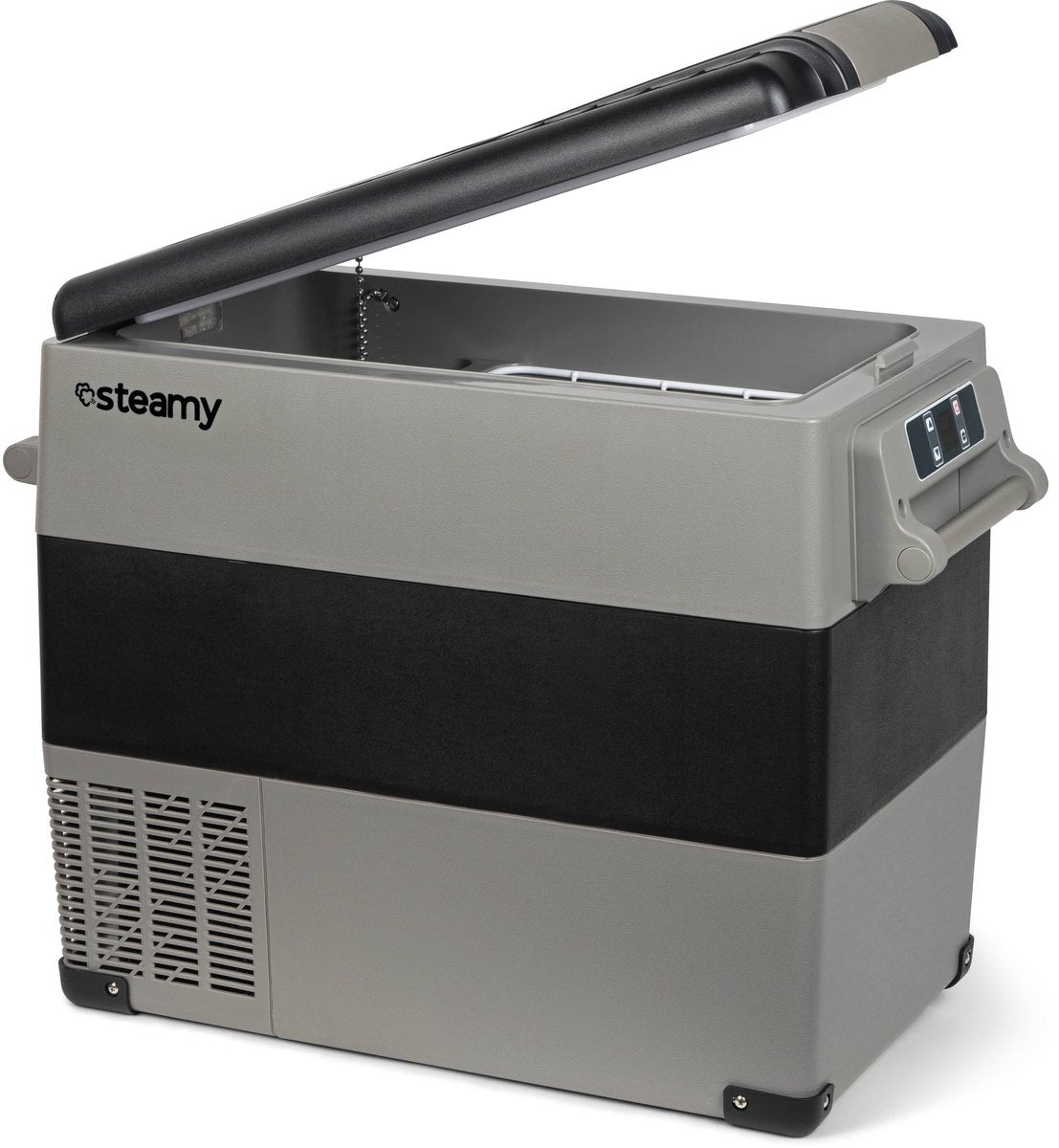 Steamy-e elektrische Kompressor-Kühlbox mit zwei Fächern – 49 Liter – 12 V und 230 V – für Auto und Camping – Grau