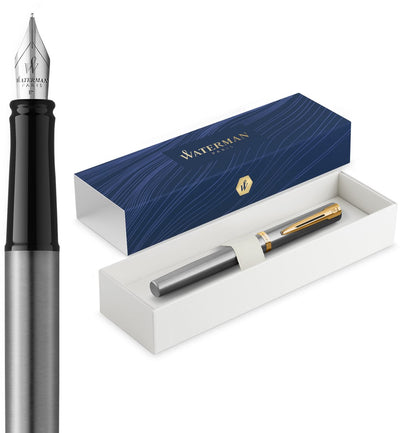 Waterman Impression Füllfederhalter | mittlere Füllspitze mit blauer Tintenfüllung | Edelstahl mit goldfarbener Oberfläche | Geschenkbox
