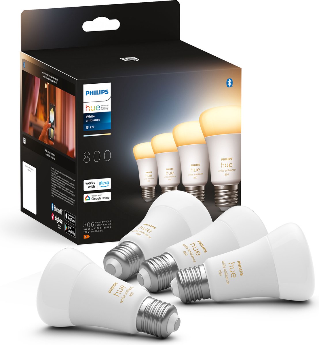 Philips Hue-Lampen – warmes bis kaltweißes Licht – E27 – 800 Lumen – Bluetooth – 4 Stück