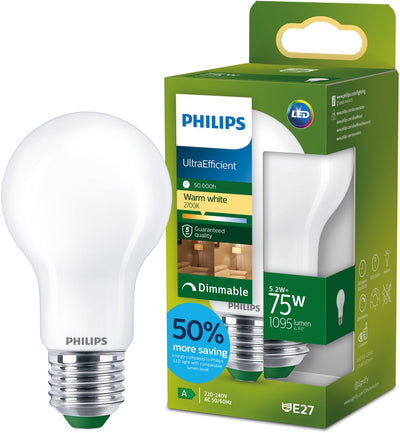 Philips LED Ultraeffiziente LED-Lampe von Philips – 75 W – E27-Fassung – warmweißes Licht: 2700 K – dimmbar – Milchglas – A60-Lampenform – lange Lebensdauer