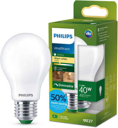 Philips LED Ultraeffiziente LED-Lampe von Philips – 40 W – E27-Fassung – warmweißes Licht: 2700 K – dimmbar – Milchglas – A60-Lampenform – lange Lebensdauer