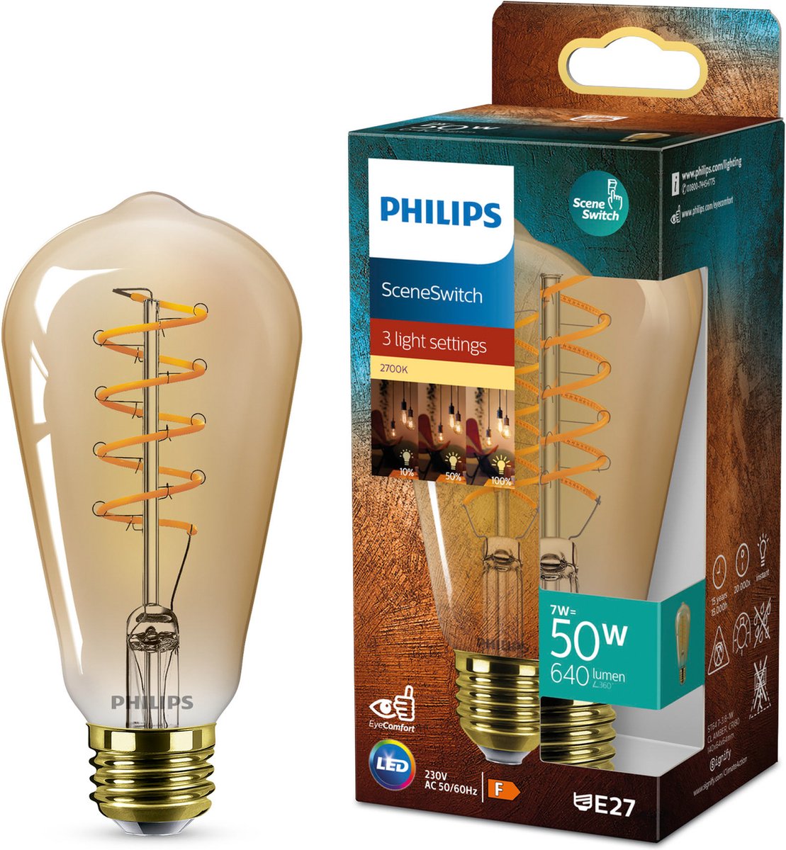 Philips LED Philips Deco LED – Szenenschalter – 50 W – E27-Fassung – ST64 Edison-Lampenform – bernsteinfarbene Lampe