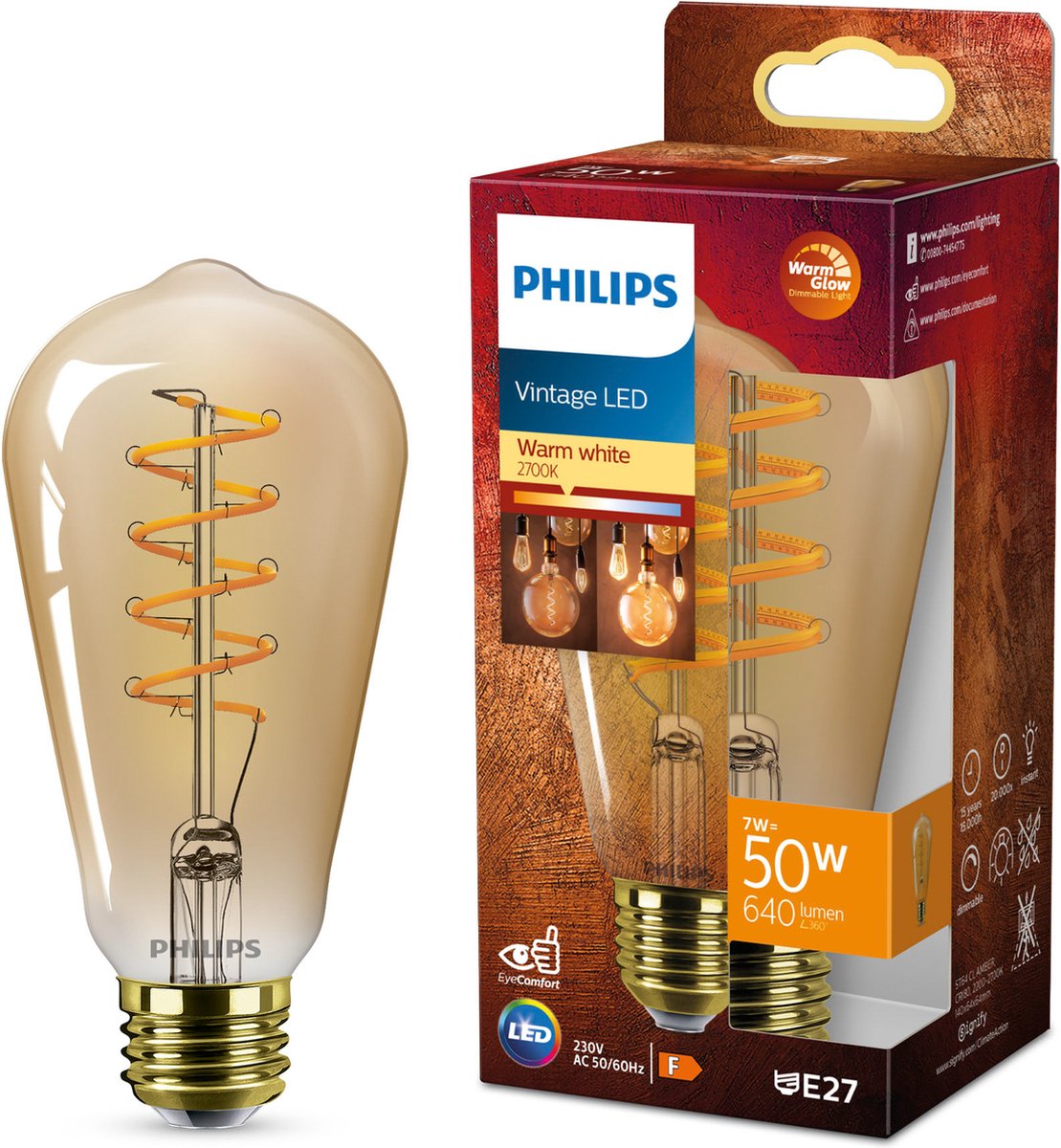 Philips LED Philips Deco LED – Warmglühen – 50 W – E27-Fassung – ST64 Edison-Lampenform – bernsteinfarbene Lampe