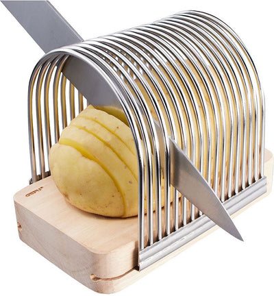 Gefu Hassel Hasselback Kartoffelschneider – Edelstahl und Holz – für Kartoffeln und Gemüse – 14 cm