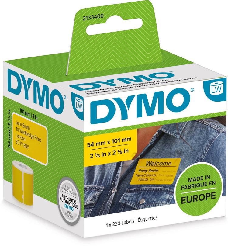Dymo Original Labelwriter große Versandetiketten Namenskarten | 54mm x 101mm | schwarz auf gelb | Rolle mit 220 selbstklebenden Etiketten | passend für die Labelwriter-Etikettendrucker | Hergestellt in Europa