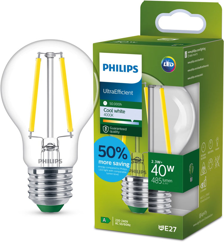 Philips LED Ultraeffiziente LED-Lampe von Philips – transparent – 40 W – E27-Fassung – kaltweißes Licht: 4000 K – sparen Sie Energiekosten