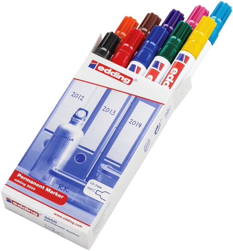 Edding 3000 Permanentmarker – 10 Farben – 10 Marker – Rundspitze 1,5–3 mm – wasser- und abriebfest – für Pappe, Kunststoff, Holz, Metall usw. – Alkoholmarker für Erwachsene