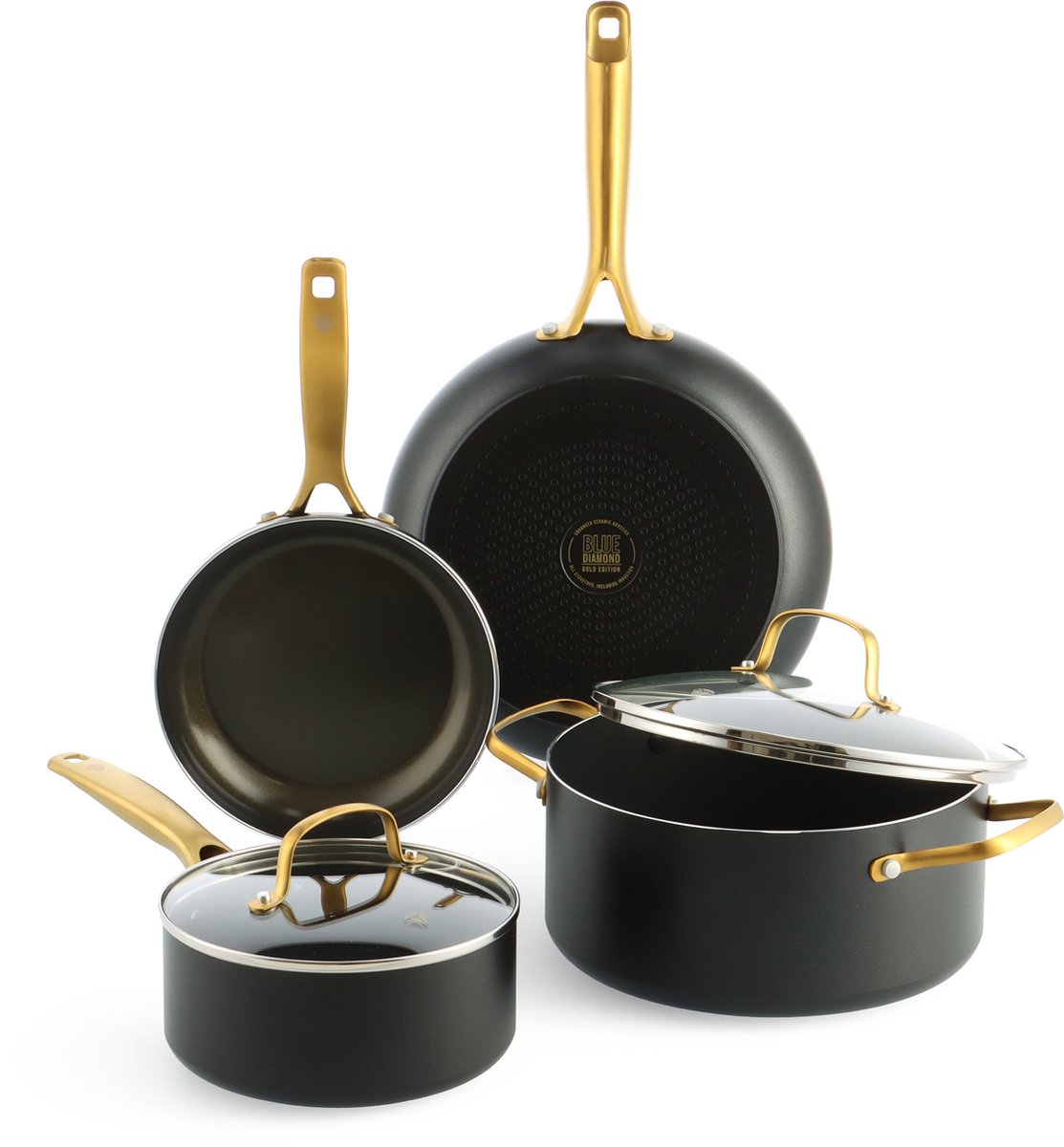 Blue Diamond Gold Edition Keramik-Induktionspfannenset 6-teilig – 20 x 24 x 28 cm – PFAS-frei – Induktionsbratpfanne – ofenfest bis 220 °C – spülmaschinenfest – mit Deckel – recyceltes Aluminium – schwarz