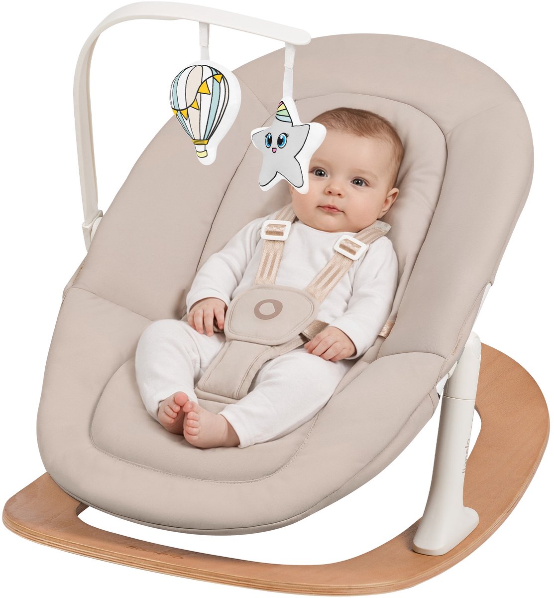 Lionelo Celia Wippe – Babywippe – Holz – 2 Rückenpositionen – 5-Punkt-Gurt – Spielbogen mit 2 Spielzeugen – Holz – Wippe